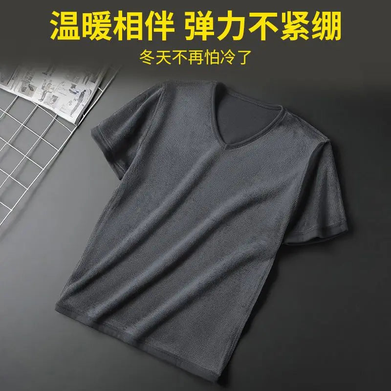 Plus Velvet Thickening short Sleeve Men T-Shirt V-neck Soft Warm Bottoming Shirt Warm Clothes Fleece-lined Slim Underwear Bottom