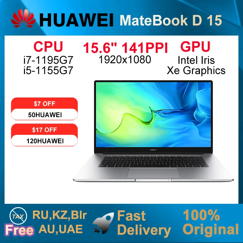 2022 HUAWEI MateBook D15 15.6" i5-1155G7/i7-1195G7 8GB/16GB 512GB Laptop Intel Iris Xe Graphics Netbook  Eye-protecting Computer