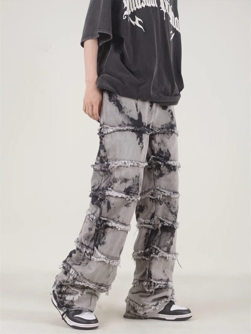 Striped Tassel Frayed Straight Baggy Jeans Hip Hop Black Tie-dye Pants Harajuku Male Female Streetwear Casual Denim Trousers