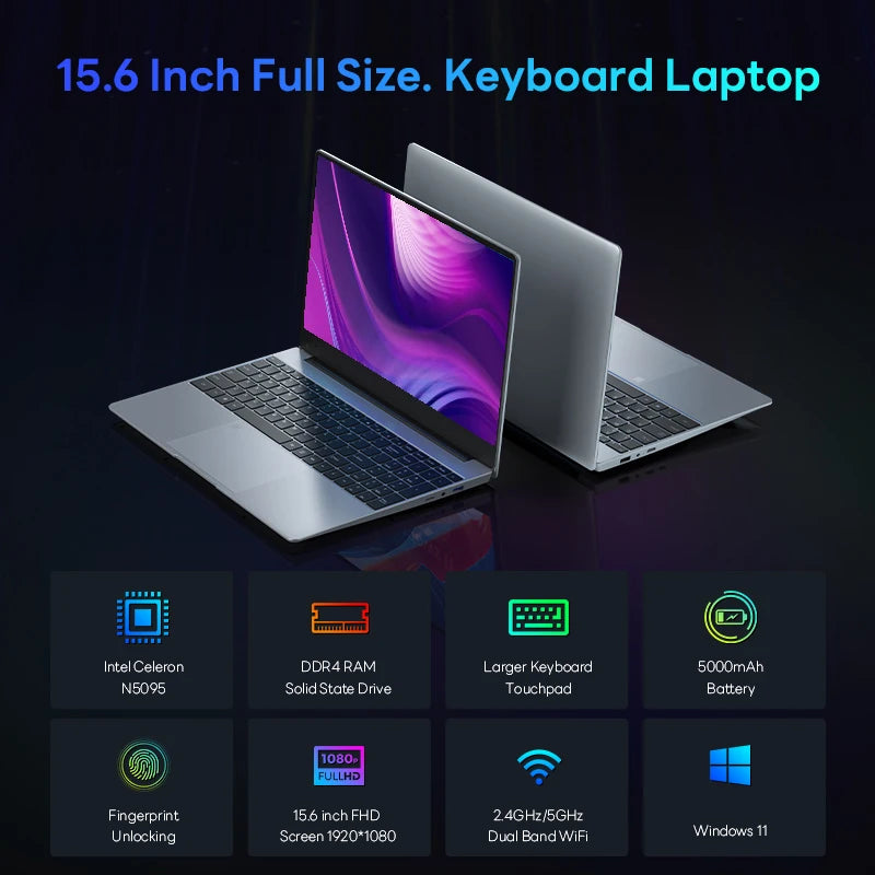 BYONE 15.6 Inch IPS Screen Laptop 8GB RAM Intel 11th N5095 Netbook Windows 11 Pro Gaming Office Notebook Business Pc Portable