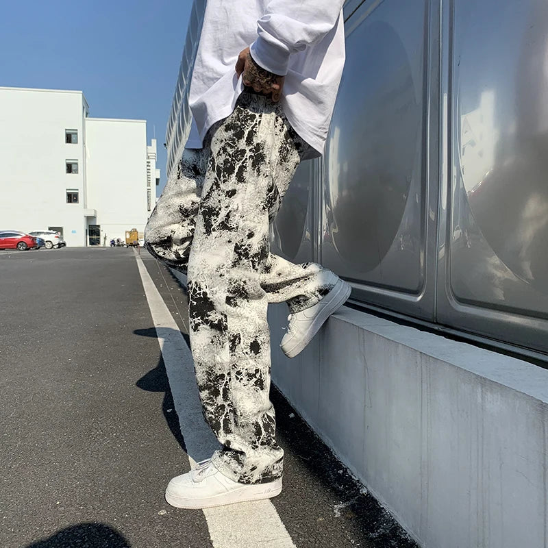 Mens Fashion Printed jeans Spring 2023 Mopping Trousers Jeans Korean Style High Street Loose Hip Hop Wide-leg Jean Pants