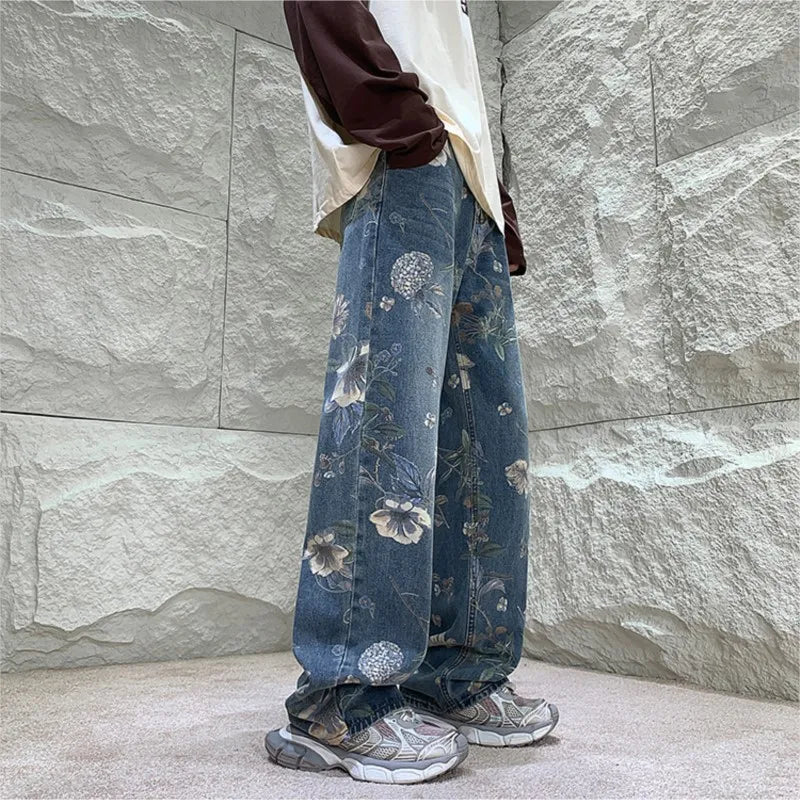 Mens Fashion Printed Jeans 2024 Spring Floral Denim Mopping Trousers Korean Style High Street Loose Hip Hop Wide-leg Jean Pants