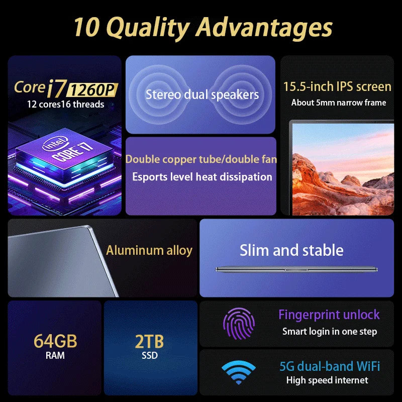 15.6 Inch Laptop Intel Corei9-10885H/i7 10870H Windows10/11 Por 2*DDR4 2*M.2 SSD Ultrabook Computer Fingerprint Unlock WIFI5 BT