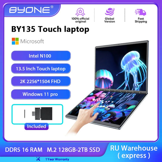 BYONE BY135 Dual Screen Laptop Intel N100 DDR5 16G RAM M.2 SSD 13.5 Inch 2.5K Touch Screen Notebook 9000Mah Computer PC Office