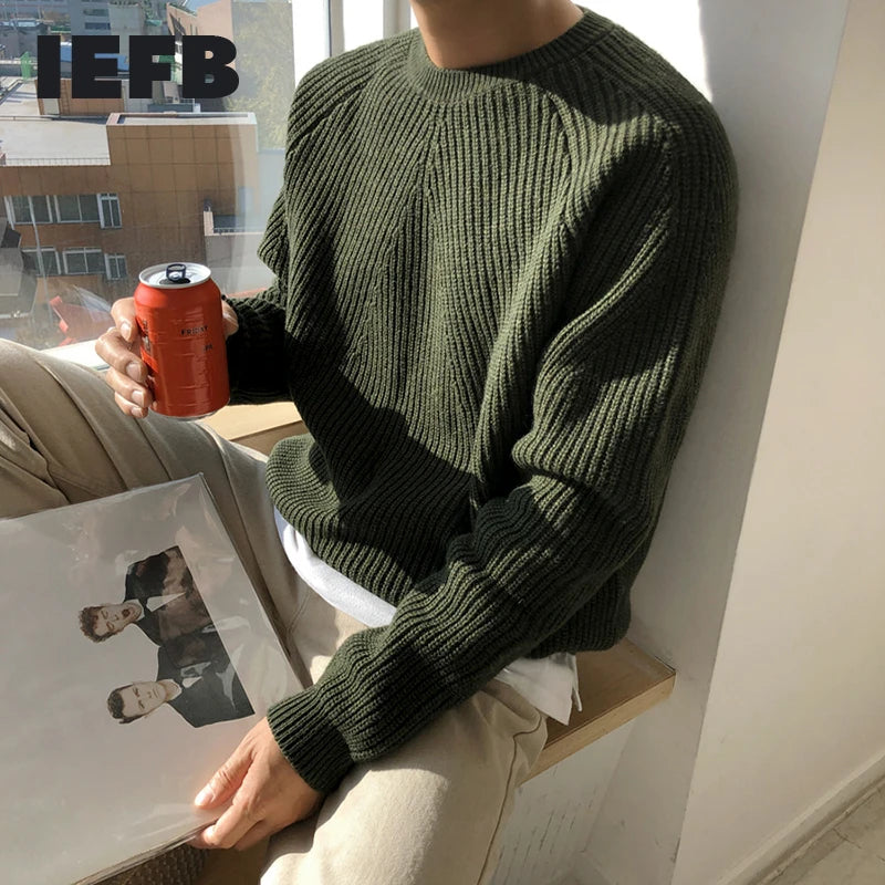 IEFB / men's wear classic round collar Sweater Korean fashion loose kintted tops for male autumn winter new warm clothes 9Y4243