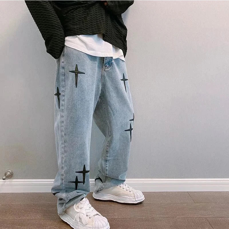 Prints Jeans Men New Streetwear Baggy Wide Leg Jeans Mens Streetwear Denim Jogger Pants Baggy Harem Jean Straight Trousers S-3XL