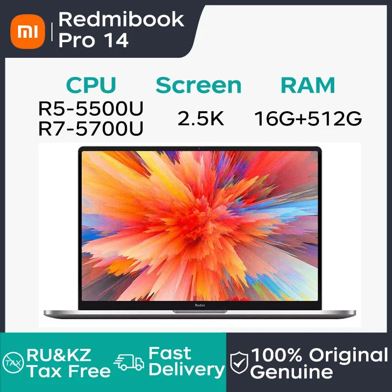 Xiaomi Laptops RedmiBook Pro 14 2.5K 14" Screen AMD Ryzen R7-5700U 16GB DDR4 RAM 512GB/1TB/2TB fingerprint unlock Notebook PC