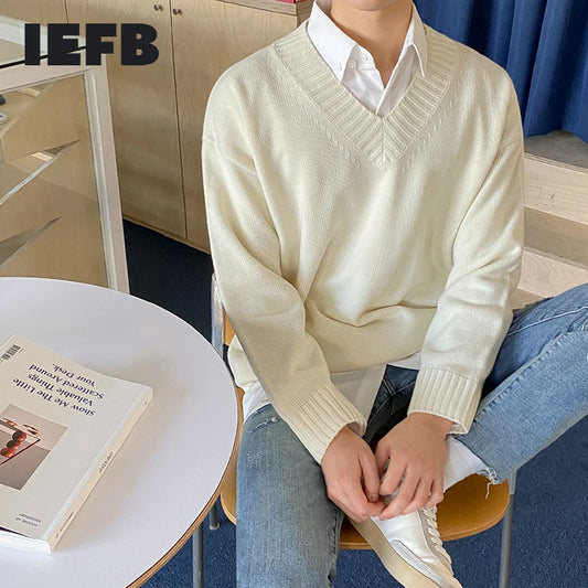 IEFB Men's V-Neck Sweater Korean Fashion Autumn Winter Loose Knitted Thin Outerwear Clothes Vingtage Basic Tops Male 9Y4236