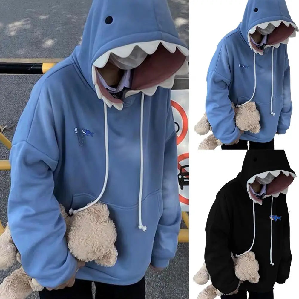 Men Shark Hoodie Fun Shark Patch Hooded Sweater Casual Loose Couple Pullover Sweatshirt For Autumn