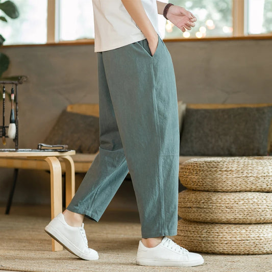 2023 Summer Men's Trousers Cotton Linen Fashion Casual Pants Solid Color Breathable Loose Shorts Straight Pants Streetwear M-5XL