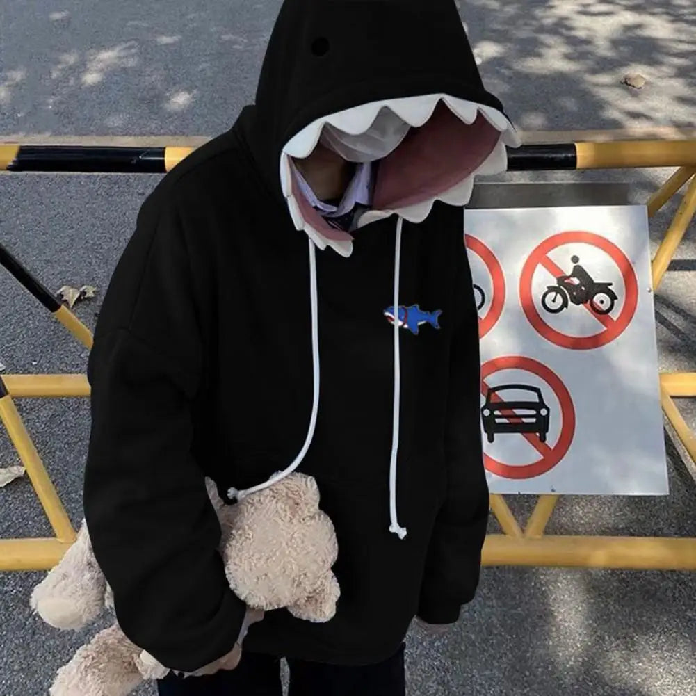 Men Shark Hoodie Fun Shark Patch Hooded Sweater Casual Loose Couple Pullover Sweatshirt For Autumn