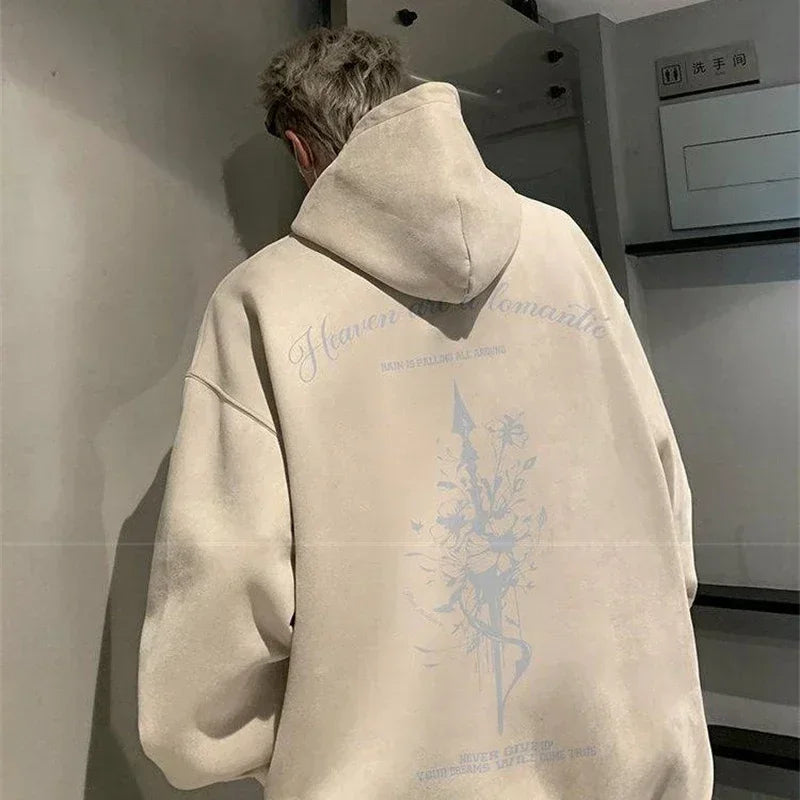 Autumn Suede Goth Graphic Hoodies Men's 2024 New Y2K Vintage Long Sleeve Hoody Sweatshirts Hip Hop Fashion Streetwear Clothes