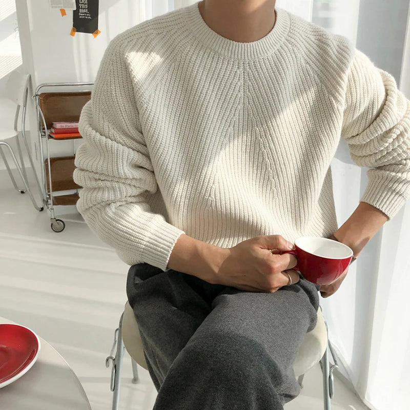 IEFB / men's wear classic round collar Sweater Korean fashion loose kintted tops for male autumn winter new warm clothes 9Y4243